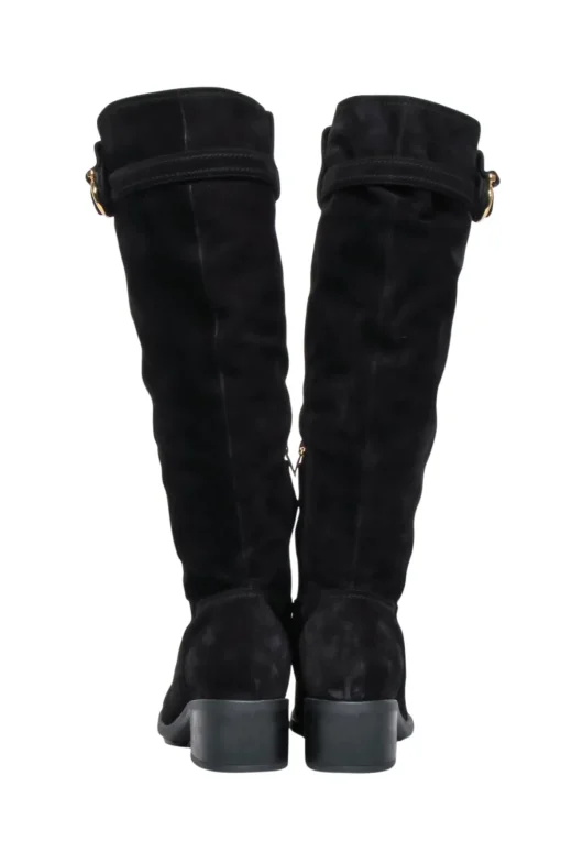 Salvatore Ferragamo - Black Suede Tall Boots w/ Fur Lining & Block Heel Sz 10