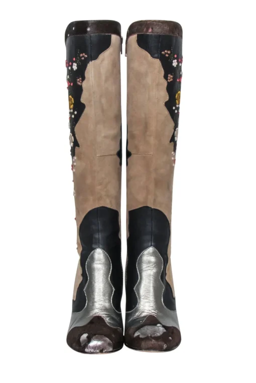 Sam Edelman - Brown & Beige Floral Embroidered Leather Tall Boots Sz 6
