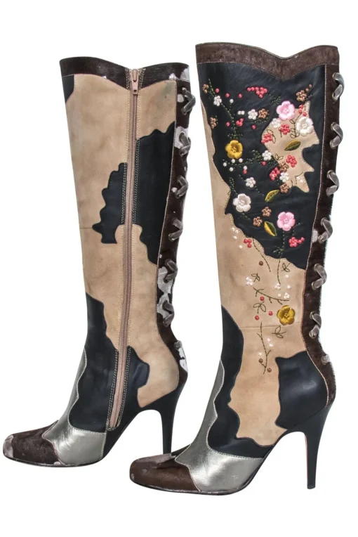Sam Edelman - Brown & Beige Floral Embroidered Leather Tall Boots Sz 6