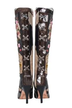 Sam Edelman - Brown & Beige Floral Embroidered Leather Tall Boots Sz 6