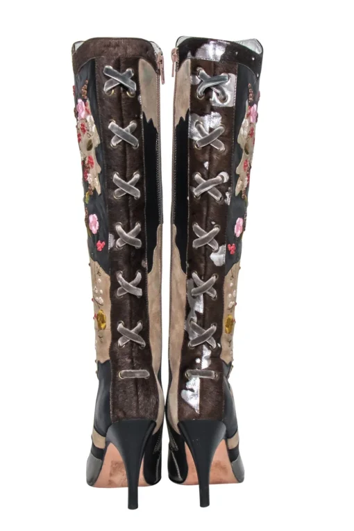 Sam Edelman - Brown & Beige Floral Embroidered Leather Tall Boots Sz 6