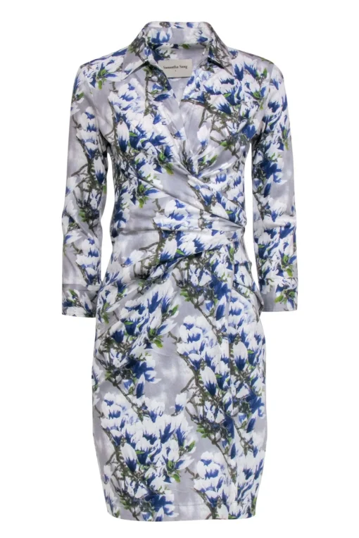 Samantha Sung - Blue & White Floral Print Collared Wrap Dress Sz 6