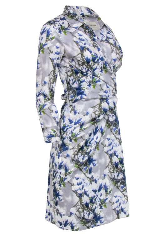 Samantha Sung - Blue & White Floral Print Collared Wrap Dress Sz 6