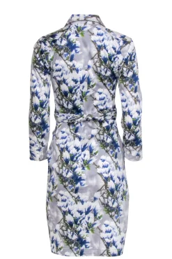 Samantha Sung - Blue & White Floral Print Collared Wrap Dress Sz 6