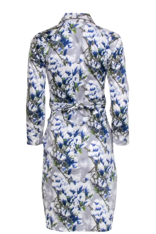 Samantha Sung - Blue & White Floral Print Collared Wrap Dress Sz 6