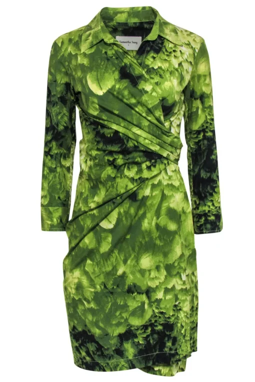 Samantha Sung - Green Cotton Forest Print Collared Wrap Dress Sz 8
