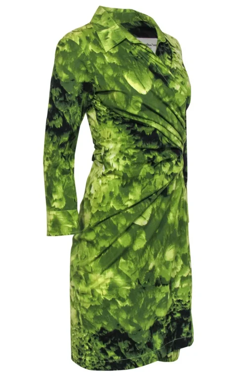 Samantha Sung - Green Cotton Forest Print Collared Wrap Dress Sz 8
