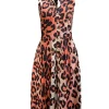 Samantha Sung - Neon Coral Pink, Cream, & Black Leopard Print Sleeveless Dress Sz 4