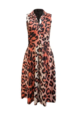 Samantha Sung - Neon Coral Pink, Cream, & Black Leopard Print Sleeveless Dress Sz 4