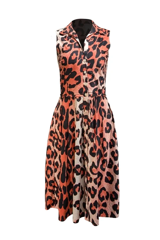 Samantha Sung - Neon Coral Pink, Cream, & Black Leopard Print Sleeveless Dress Sz 4