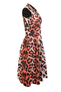 Samantha Sung - Neon Coral Pink, Cream, & Black Leopard Print Sleeveless Dress Sz 4