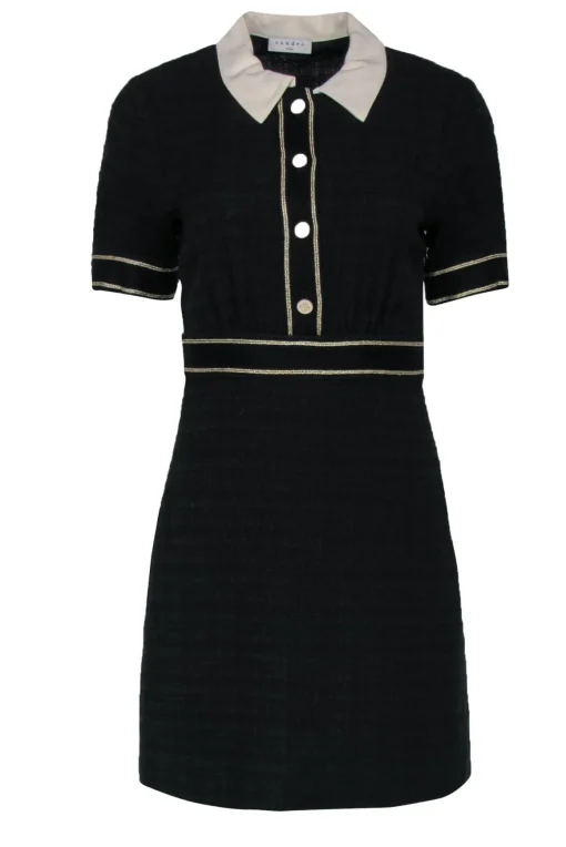 Sandro - Black Cotton Blend Tweed A-Line Dress w/ Collar Sz S