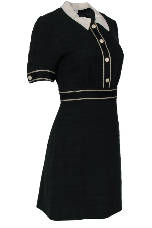 Sandro - Black Cotton Blend Tweed A-Line Dress w/ Collar Sz S