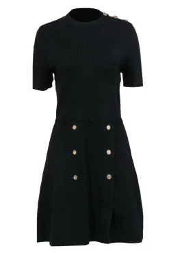 Sandro - Black Knit Fit & Flare Dress w/ Gold-Toned Button Details Sz 10