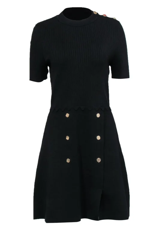 Sandro - Black Knit Fit & Flare Dress w/ Gold-Toned Button Details Sz 10