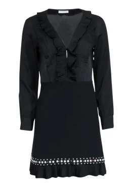 Sandro - Black Long Sleeve Embellished Dress w/ Ruffles Sz S