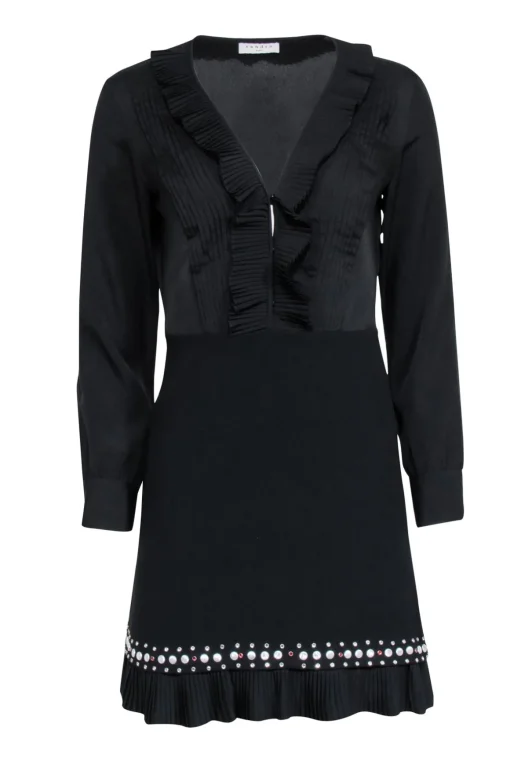 Sandro - Black Long Sleeve Embellished Dress w/ Ruffles Sz S