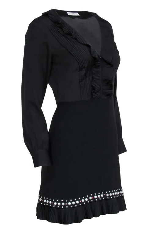 Sandro - Black Long Sleeve Embellished Dress w/ Ruffles Sz S