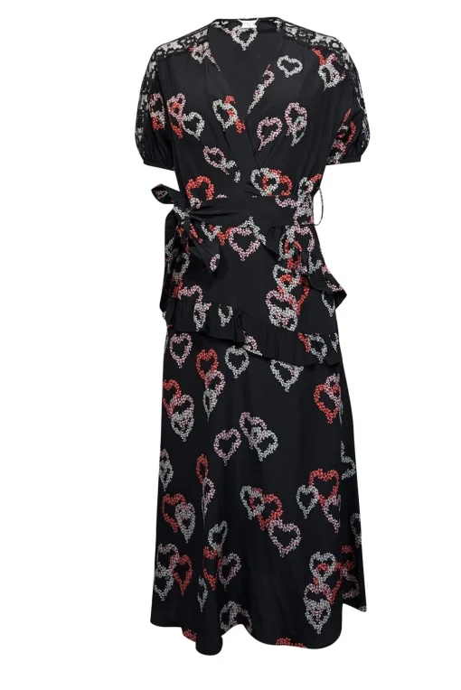 Sandro - Black, Pink, & Red Heart Print Silk Dress w/ Lace Accents Sz 4
