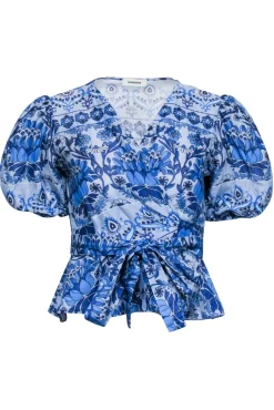 Sandro - Blue Floral Print Short Sleeve Wrap Top Sz 8