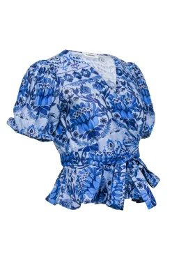 Sandro - Blue Floral Print Short Sleeve Wrap Top Sz 8
