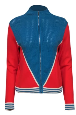 Sandro - Blue, Red & Cream Colorblocked Zip-Up Sweater w/ Perforated Details Sz M