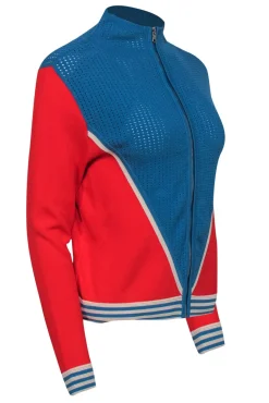 Sandro - Blue, Red & Cream Colorblocked Zip-Up Sweater w/ Perforated Details Sz M