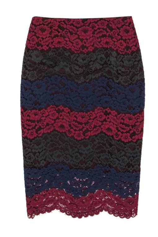 Sandro - Burgundy, Navy & Green Lace Pencil Skirt Sz S