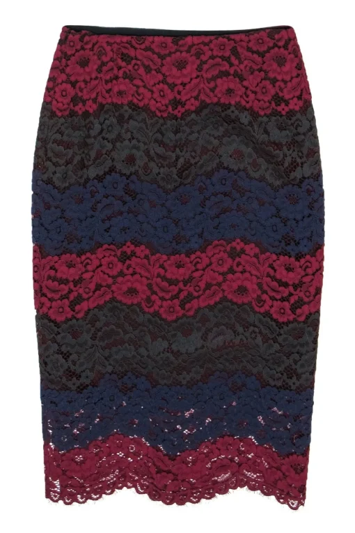 Sandro - Burgundy, Navy & Green Lace Pencil Skirt Sz S