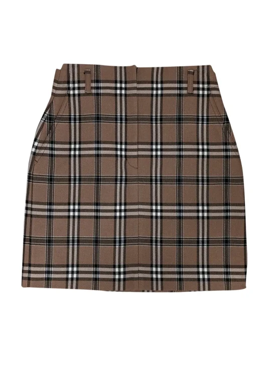 Sandro - Camel Brown, Black, & White Plaid Tartan Skirt Sz 6