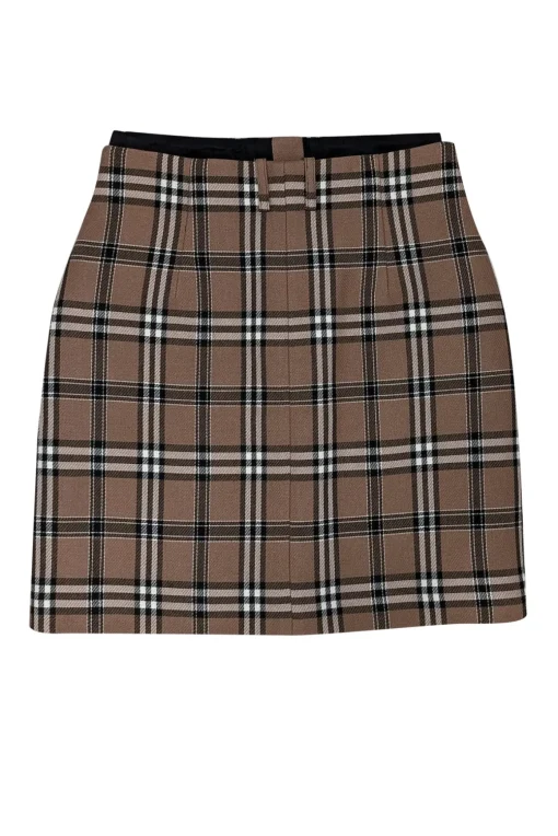 Sandro - Camel Brown, Black, & White Plaid Tartan Skirt Sz 6