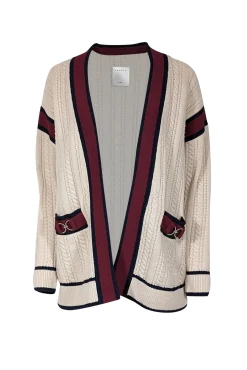 Sandro - Light Beige Cable Knit Wool Cardigan w/ Contrast Ribbed Trim Sz S
