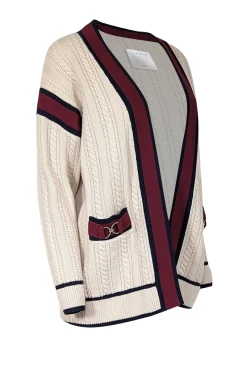 Sandro - Light Beige Cable Knit Wool Cardigan w/ Contrast Ribbed Trim Sz S