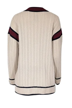 Sandro - Light Beige Cable Knit Wool Cardigan w/ Contrast Ribbed Trim Sz S