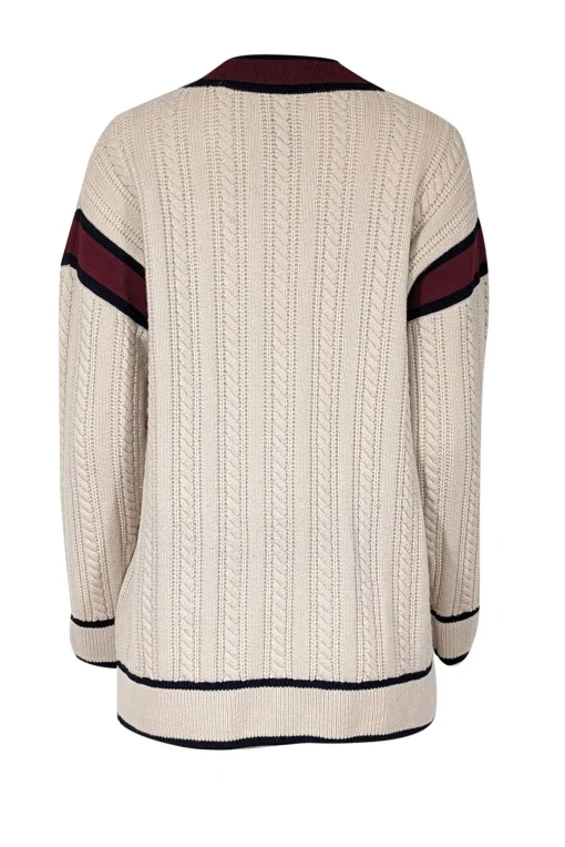 Sandro - Light Beige Cable Knit Wool Cardigan w/ Contrast Ribbed Trim Sz S