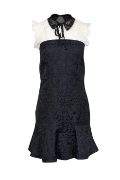 Sandro - Navy & Black Brocade Dress w/ White Lace Sz 4