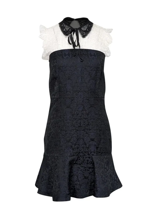 Sandro - Navy & Black Brocade Dress w/ White Lace Sz 4