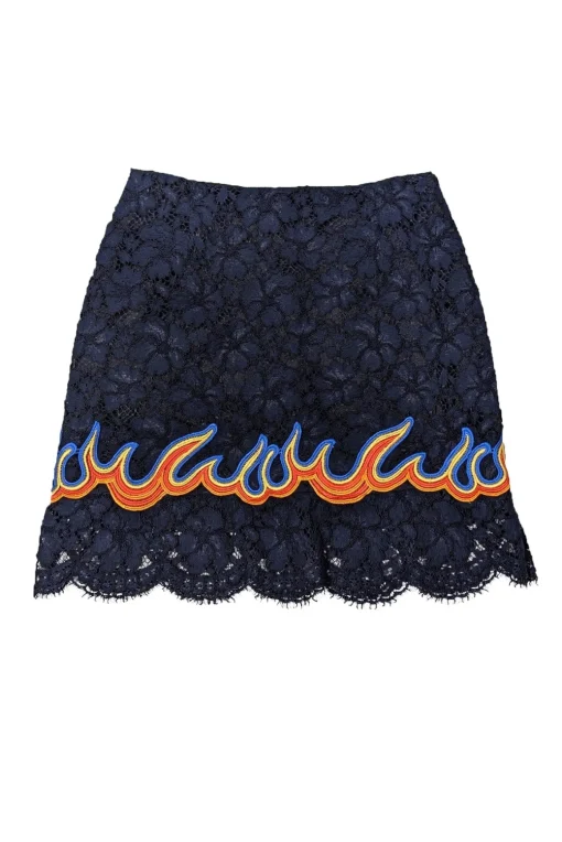 Sandro - Navy Lace Skirt w/ Flame Embroidered Ruffled Hem Sz 4