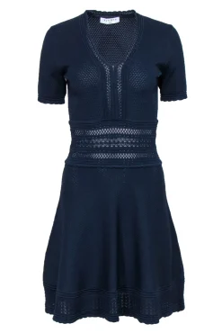 Sandro - Navy Textured Knit Short Sleeve A-Line Dress Sz 2