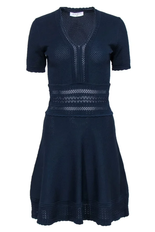 Sandro - Navy Textured Knit Short Sleeve A-Line Dress Sz 2