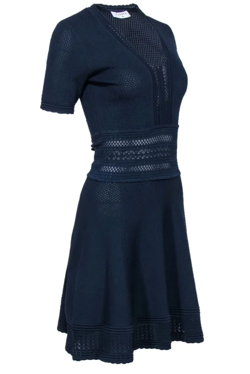 Sandro - Navy Textured Knit Short Sleeve A-Line Dress Sz 2