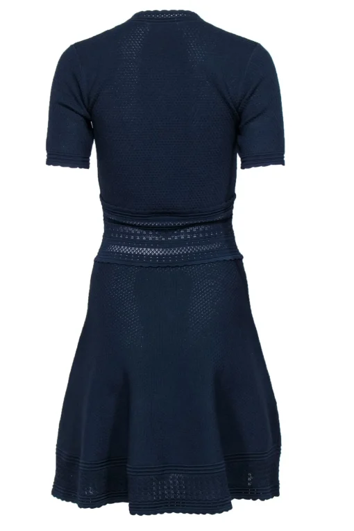 Sandro - Navy Textured Knit Short Sleeve A-Line Dress Sz 2