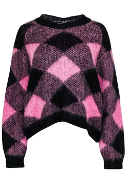 Sandro - Pink & Black Diamond Patterned Mohair Blend Sweater Sz M