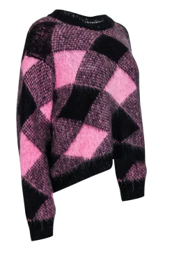Sandro - Pink & Black Diamond Patterned Mohair Blend Sweater Sz M