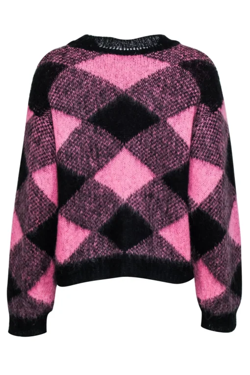 Sandro - Pink & Black Diamond Patterned Mohair Blend Sweater Sz M