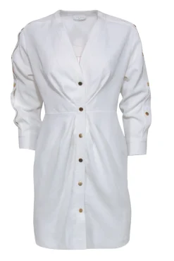 Sandro - White Textured Ruched Shirtdress w/ Golden Buttons Sz 4