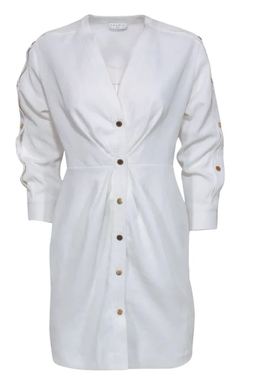 Sandro - White Textured Ruched Shirtdress w/ Golden Buttons Sz 4