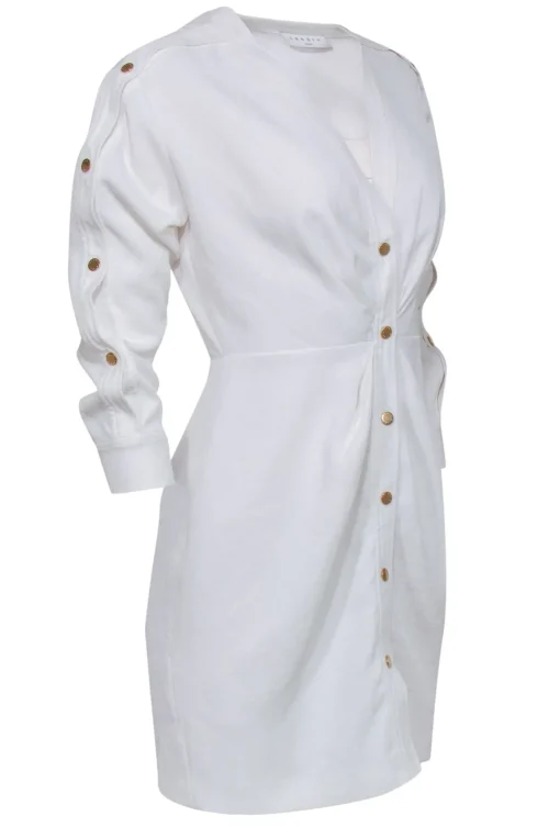 Sandro - White Textured Ruched Shirtdress w/ Golden Buttons Sz 4