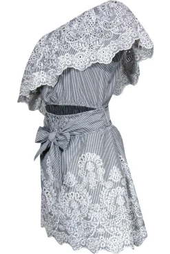 Saylor - Grey & White Pinstripe One Shoulder Dress Sz M