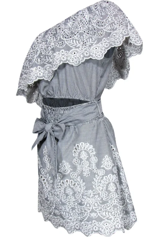 Saylor - Grey & White Pinstripe One Shoulder Dress Sz M